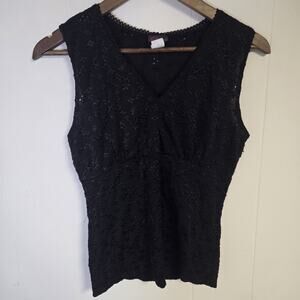 Y2K Vintage Dark Romantic Eyelet V Neck Sleeveless Top Agenda Black Size XL